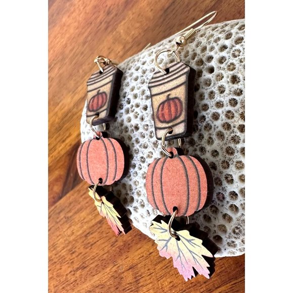 Pumpkin Latte Earrings Coffee Fall Leaves New Dangle Hooks Double Sided… - Picture 9 of 12